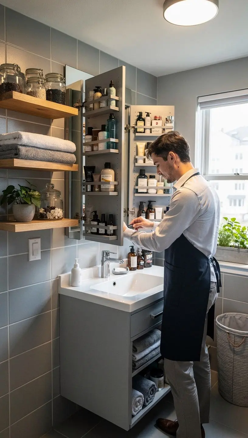 Stylowy kącik do pracy z biurkiem do zabudowy i dobrze dobranym oświetleniem.