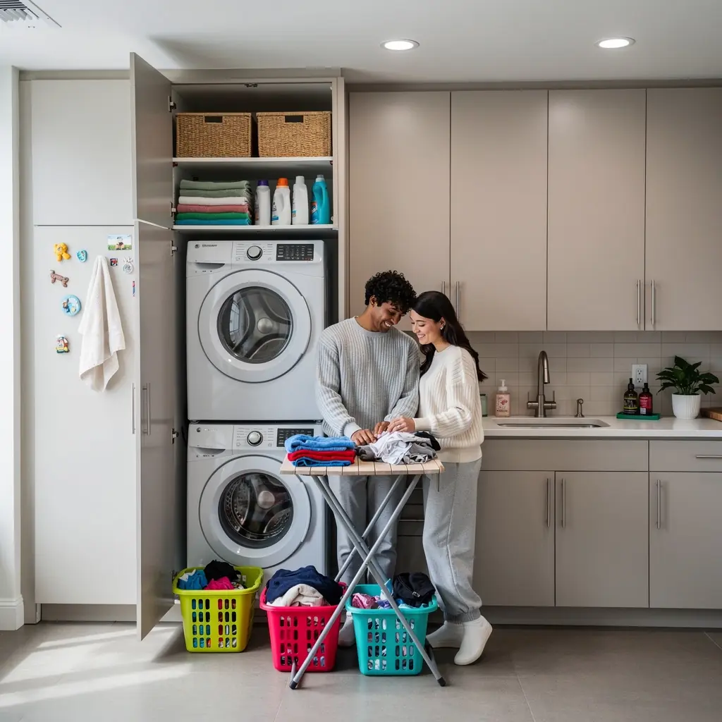 Przytulna sypialnia z wielofunkcyjnymi meblami i jasnym, naturalnym światłem.