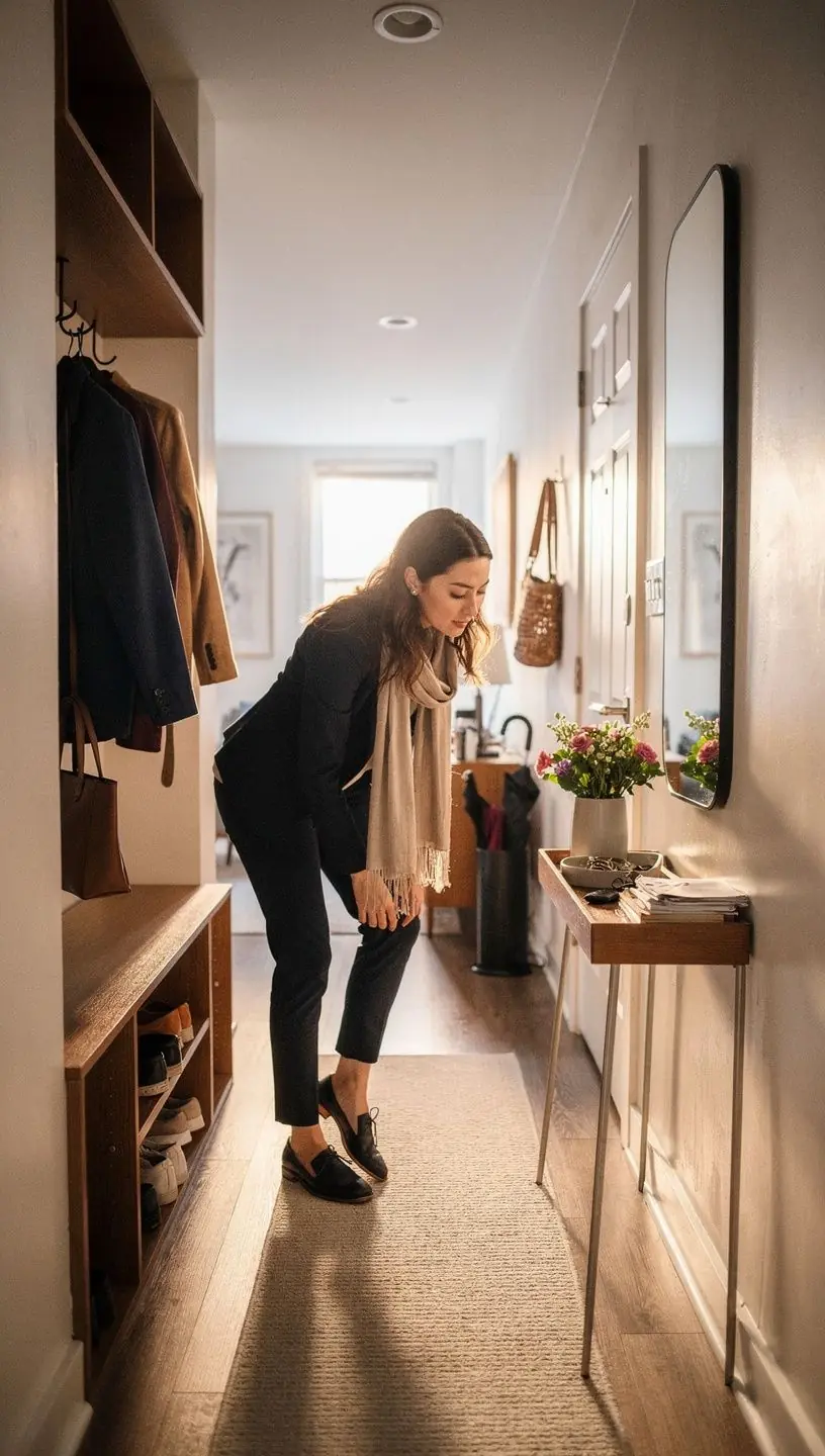 Łazienka w małym mieszkaniu z innowacyjnymi systemami przechowywania i oświetleniem LED.