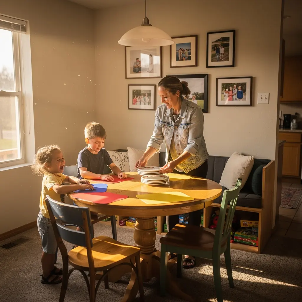 Salonik z adaptowanym oświetleniem i estetycznymi regałami na książki i dekoracje.